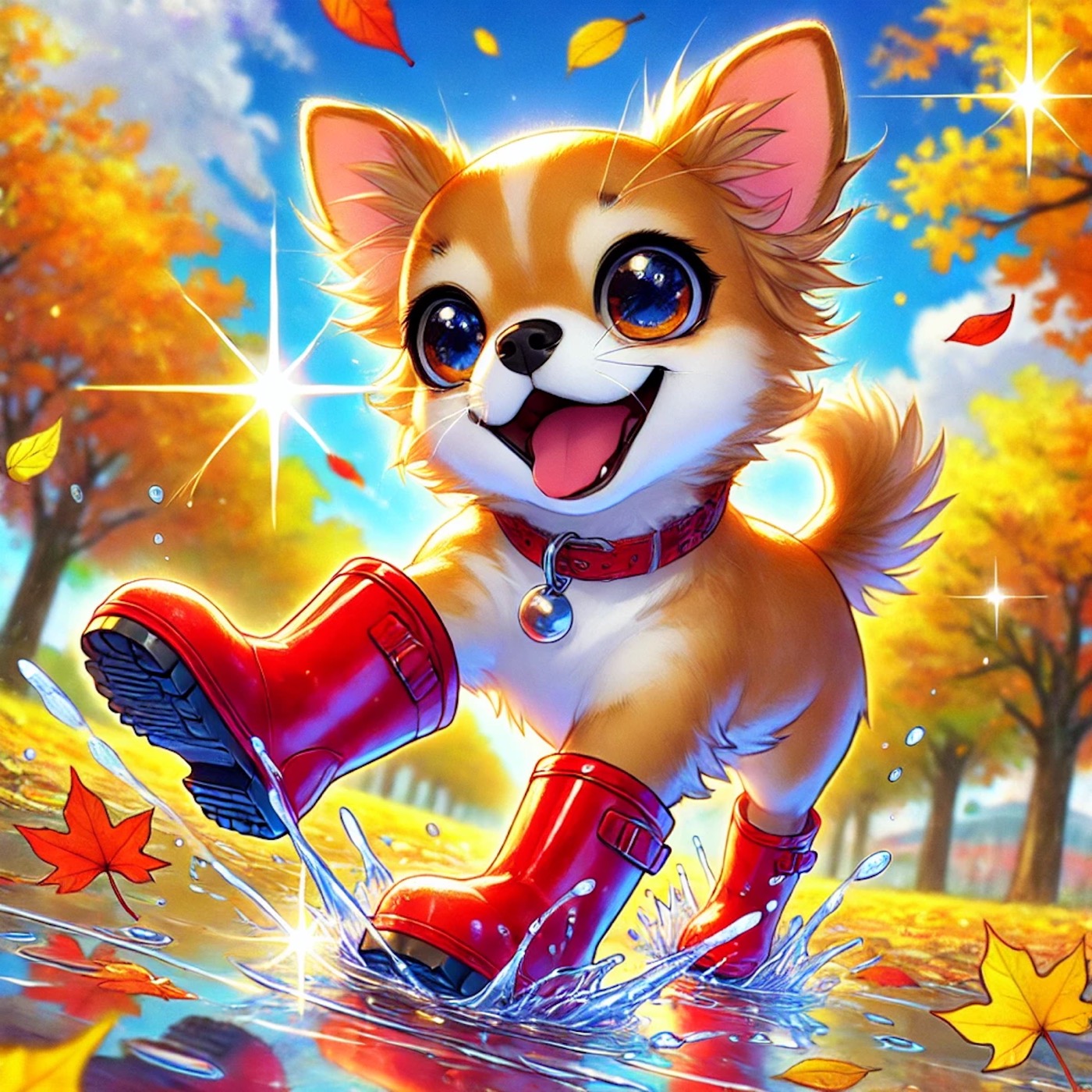 Chi Chi Choo, a cheerful little dog wearing red wellies and splashing through an autumn puddle